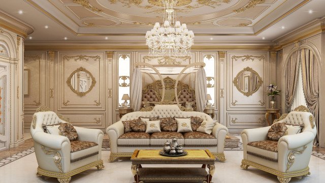 This picture shows a luxury modern bedroom designed by Antonovich Design. The room is decorated in shades of white, beige and silver, with a wall-to-wall bed taking up the centre of the room. Two pairs of floor lamps flank both sides of the bed, providing bright but subtle lighting for the room. The walls are adorned with luxurious fabric designs, while the bed is framed by two hanging chandeliers and two side tables with lamps. There is also a large white wardrobe on the left side of the room, providing plenty of storage space.