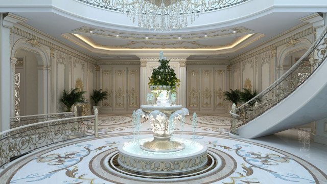This picture shows a modern interior design with a luxurious marble floor, a white grand piano, and a large chandelier. There is a white sofa with gold accents and a set of tall, golden mirrors on the wall. The walls are painted in a light color and feature intricate geometric details that serve as accent walls. The room is illuminated by the light from the large window and the chandelier.