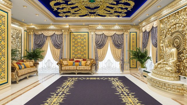 The picture shows a luxurious, modern interior design. The room features a white marble floor and several beige sofas. In the center of the room is a large gold and cream-colored chandelier with crystals hanging from it. There are also several gold and white lamps, a white sofa and a beige ottoman with a colorful patterned throw blanket draped over it. In addition, there are several white marble columns on either side of the room, along with tall potted plants and a white table with white chairs.