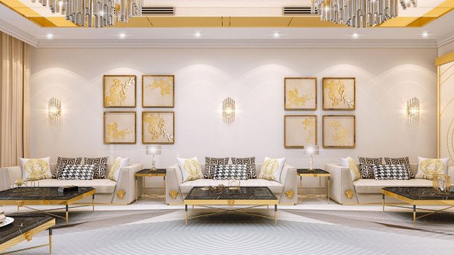 This picture shows an ornately decorated living room. The walls are a light blue color and feature intricate gold designs around the panels and ceiling fixtures. The floor is a patterned marble with golden accents along the edge of the room. A couch and several chairs are arranged in the center of the room, with a coffee table in the middle. There is also a grand piano in the corner of the room, as well as some decorative sculptures and art pieces on the walls.