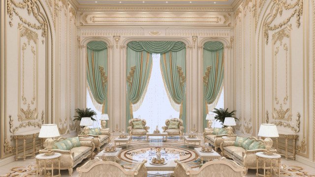 This picture shows a grand formal living room with a luxurious interior design. The walls are richly decorated with ornate floral pattern, gold-framed paintings, and intricate marble columns. The room is furnished with two large cream sofas with pillows and two creamy armchairs. A glass coffee table sits in the center of the room which is surrounded by lush green plants. The floor is adorned with an elaborate rug with rich colours and a large ornate mirror hangs on the wall.