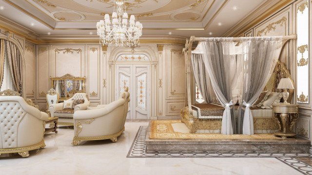 This picture shows a luxurious interior design of a living room. It features a sleek black and white color palette with modern geometric furniture pieces and intricate patterns throughout. Large glass windows let in plenty of natural light, while marble floors and art deco accents create an opulent and inviting atmosphere. A pink velvet sofa with gold accents adds a touch of glamour to the space, and the eye-catching light fixtures provide a splash of drama.