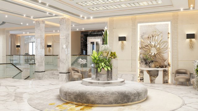 Luxury apartment interior design in neoclassical style with gold and white details, creating a beautiful atmosphere.