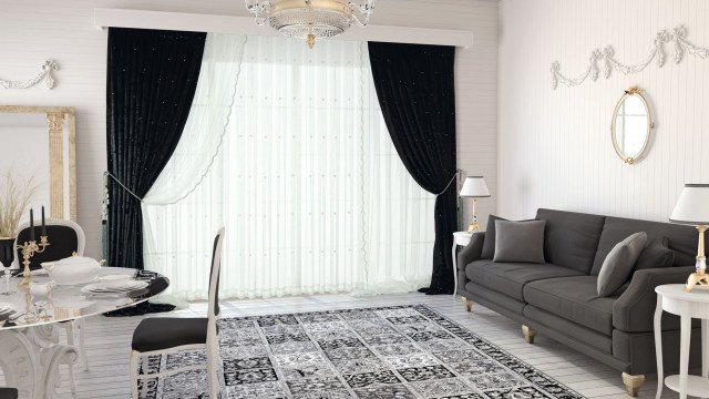 This picture is depicting a modern luxury living room. It is decorated with various features in shades of cream and white, creating a clean, classic look. The room includes a large sofa, two armchairs, an ottoman coffee table, a fireplace, built-in cabinetry, a console table, and a chic chandelier. There is a beautiful rug on the floor to bring all the elements of the design together.