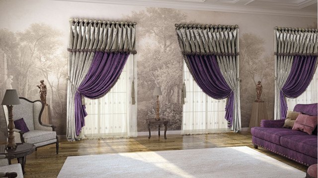 Exquisite bedroom interior design with luxurious velvet furniture, velvet curtains and glamorous chandelier provide a uniquely sophisticated atmosphere.