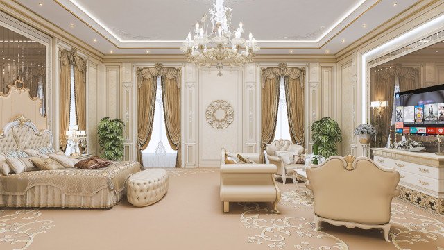 This picture shows a modern and luxurious living room. The room features high ceilings, a large crystal chandelier, white marble floors, and plush furniture upholstered in a light pink velvet fabric. The walls are painted white, while the windows are covered in soft, cream-colored curtains. On either side of the room are two white sofas with accent pillows, an ottoman, and a modern glass coffee table.