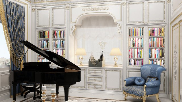 This picture shows a luxury living room with a luxurious sofa set. The sofa set is made of white leather and has decorative blue pillows. The floor is a light grey marble and there is a large crystal chandelier hanging from the ceiling. There is also a glass coffee table in the center of the room, surrounded by accent chairs. On one wall is a built-in shelf with books and other decorative items, and there is a large window overlooking the outside landscape.