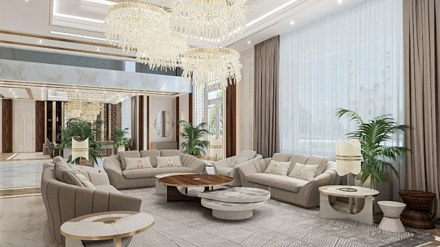 This picture shows the interior of a luxury home designed by Antonovich Design. The room features modern decor with light grey walls and dark wood floors, as well as a crystal chandelier and patterned furniture. There is a sectional sofa in the foreground with a chair, ottoman, and table, while a sideboard and artwork are displayed in the background.
