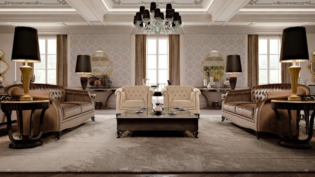 This picture depicts a modern, luxurious living room, designed with high-end furnishings. The room features an off-white couch and armchairs, a white marble coffee table, stylish wall art, and ornamental curtains draped around the windows. The floors are made of light-colored Hardwood, and a plush area rug lays in between the furniture. On the left side of the room, there is a credenza with decorative items on top, and two doors leading out of the room.
