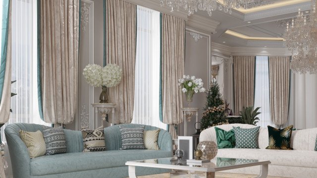 An elaborate and spacious living room with a large, mirrored ceiling, luxurious furnishings, and intricate design.