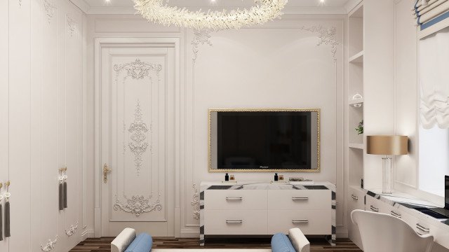 This picture is showing a modern and luxurious interior design for a room. The dominant color scheme of this room is cream, beige, and brown, with hints of black and gold accents. The focal point of the room is an elaborate fireplace mantel surrounded by chic and luxurious furniture pieces. The walls are adorned with two large abstract sculptures that bring a touch of sophistication. The floors are covered with a light-colored, patterned rug and the ceiling features a unique chandelier that adds to the overall opulence of the space.