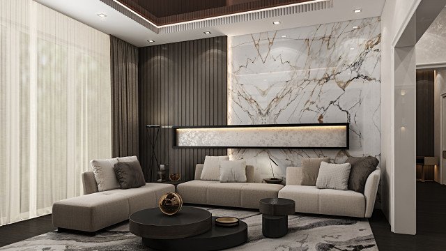 This picture is a rendering of a modern luxury hotel lobby. The space features a grand marble staircase and a large reception desk with a concierge. There are plush velvet sofas and armchairs in the area, along with a variety of live plants and artwork on the walls. The space has a warm, inviting atmosphere, making it an ideal spot to greet guests and make them feel welcome.