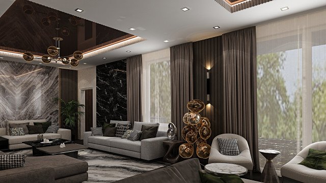 This picture shows a luxurious living room furnished with high-end furniture, including a large, white modern sofa set, a mirrored accent table, two armchairs, and a large dark coffee table. The room also has a white marble floor with an ornate area rug and a grand chandelier hanging from the ceiling. There is a large glass window that overlooks a garden courtyard, providing natural light and a pleasant view.
