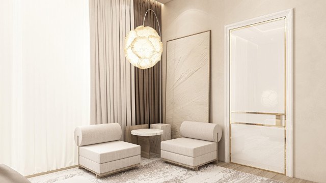 This image is a high-end modern living room designed by Antonovich Design. The room features a gray accent wall, white furniture, brown leather sofas, and a white and gray marble fire place. Additionally, there is a built-in shelving unit with decorative plates, vases, and other pieces of decor, as well as an archway that opens up to the dining area.