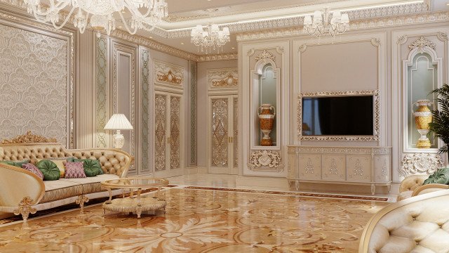 This picture shows a luxurious living room with plenty of seating, ornate decor, and beautiful flooring. The walls are a deep eggplant color, and the furniture is a blend of white and gold. Chandeliers hang from the ceiling, adding to the grandeur of the space. A marble fireplace and a large curved staircase complete the look.