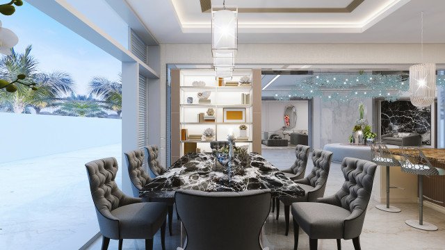 A luxurious dining room design inspired by the beauty of natural elements such as wood and stone.