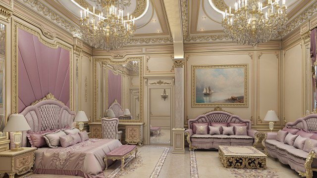 This picture shows an intricately designed ceiling in a luxury interior space. The ceiling is decorated with elaborate patterns, gold highlights, and gemstone accents. It also features ornate chandeliers and lighting features which give the room a luxurious and glamorous look.