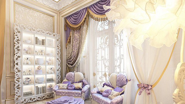 A luxurious bedroom interior featuring beige and gray upholstered furniture, a crystal chandelier, and ornate decorations.