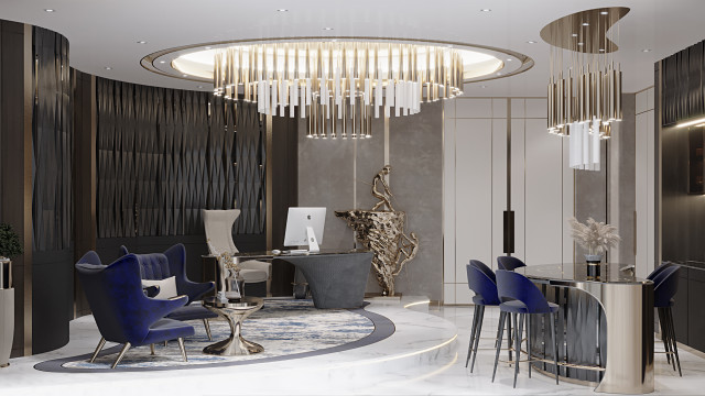 Modern interior with luxurious marble floor, elegant furniture, and classy crystal chandelier brings the classic style and luxury into the house.
