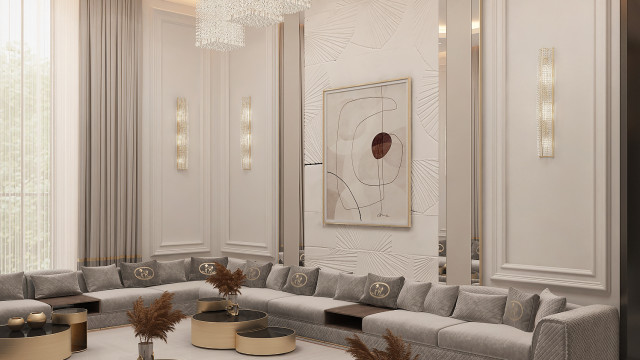 Modern, spacious and luxurious living room in classic style. Decorated with exquisite textiles and designer furniture.
