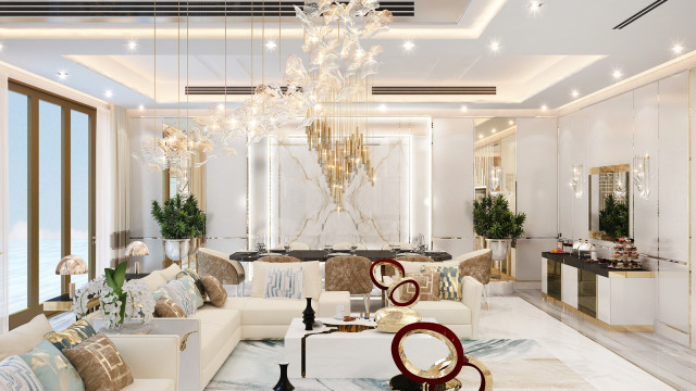 This picture shows a traditional interior design with an exquisite ceiling and walls. The walls are finished in golden beige and have intricate curls, while the ceiling is decorated with an embossed Arabic geometric pattern that has intricate details. A white marble floor and gold furniture help to create a luxurious atmosphere. This beautiful design also includes a unique hanging chandelier which adds a touch of sophistication and glamour to the space.
