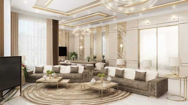 This picture shows an elegant and luxurious living room with a modern style. It has white marble floors, neutral-toned walls, and a bright gold ceiling. The focal point of the room is the stunning chandelier that hangs above the sofa. The furniture is upholstered in white and light gray fabric, and a small coffee table is in the center of the room. On either side of the sofa are two side tables with matching lamps. The room also has decorative artwork on the walls.