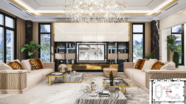 This picture depicts a modern, contemporary living room. The walls and flooring have a light color, while the seating area is rich and inviting. The sofa set features a stylish curved silhouette with rich royal blue upholstery and a stunning crystal chandelier hangs above the coffee table. There are two stylish armchairs in the corner of the room, and there is an exquisite rug in front of them. A large ornate wall mirror adds a touch of sophistication to the room, and on the side, a unique plant stand decorated with glass bowls makes for a creative touch.