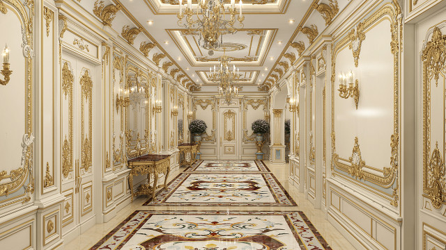 This picture shows a luxurious modern living room. The room is designed in a white and gold color scheme, with a white sofa and armchairs with gold accents, a large dark marble fireplace in the center of the room, and luxuriously patterned wallpaper in neutral colors running along the walls. Artistic gold chandeliers hang from the ceiling, while a unique gold-lined dining area has been set up along one side of the room. Floor-to-ceiling windows provide plenty of natural light, and an elegant white and gold rug completes the look.