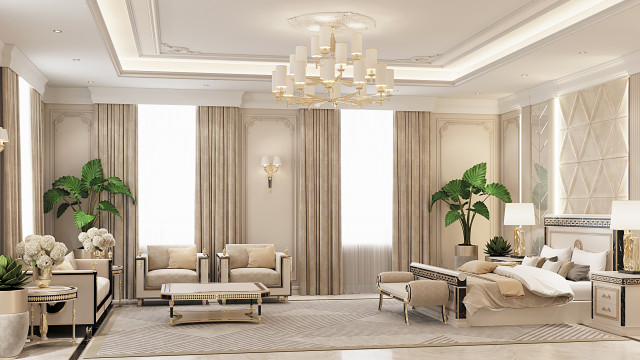 This picture is of a modern, luxurious living room. The furniture is in shades of white, with a white sofa, two white armchairs, and a white coffee table. A cheetah print rug adds a pop of color to the room, and a large painting on the wall gives it a more vibrant look. There are also several small tables and shelves, providing plenty of storage and display space. The light fixtures, window treatments, and decor create a tranquil, inviting atmosphere.