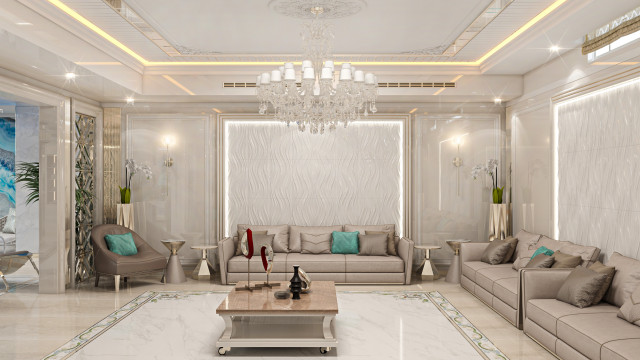 This picture is showing an intricately designed grand lobby with a marble floor, large glass windows, and an extravagant chandelier. The walls are lined with marble panels, detailed gold accents, and a white wainscoting around the base of the walls. There is a luxurious velvet settee in the center of the room, and the ceiling is adorned with intricate molding.