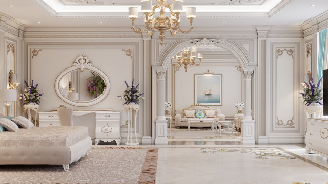 This picture shows a luxurious living room with a beige and white interior. The living room features an elegant velvet sofa and armchair, as well as a plush patterned rug and side table. There is a grand piano in the corner, with a beautiful chandelier hanging nearby. The walls have been decorated with framed artwork, and there are several potted plants around the room to add some greenery.