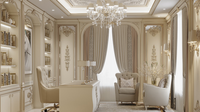 This picture shows a luxurious and modern interior design. The main features of the room include a large, grey L-shaped couch that is set in front of an impressive marble fireplace and an elegant chandelier. The walls are painted in a white color, while the floors are covered with a creamy colored rug. The fireplace is framed by two beautiful grey chairs with plush velvet cushions. There is also a black and white abstract painting hanging on the wall, adding to the stylish and contemporary look of the room.