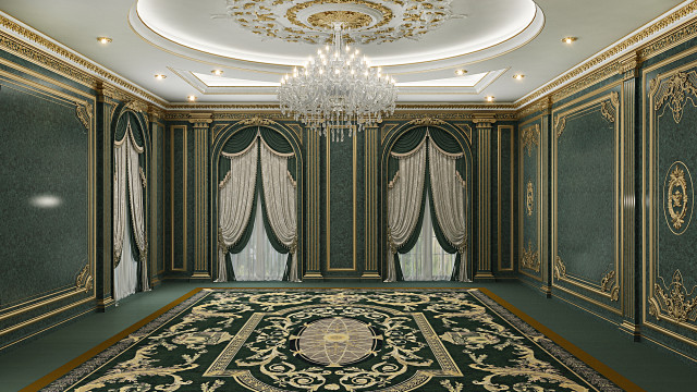 This picture shows a luxurious living room design with marble tile flooring, two white velvet upholstered couches, two glass-top tables in a gold frame, two armchairs upholstered in light blue velvet, a large crystal chandelier, two ornately carved side tables, and a neutral-toned area rug. The walls are covered in a textured off-white wallpaper with gold accents, and the room is well-lit by two large floor-to-ceiling windows.