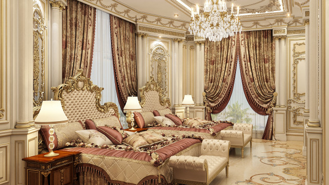 A luxurious classic bedroom with a royal bed, antique wooden furniture and chandelier, combined with modern lighting.