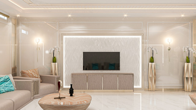 Modern interior of a living room featuring white luxury furniture, marble flooring, and large windows.