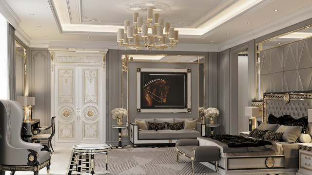 This picture shows an elegantly decorated living room with stylish furniture and fixtures. The room features a beige-colored sofa and armchairs, a glass coffee table, a crystal chandelier, and white marble flooring. On the left side of the room is a curved staircase with ornate railings, while in the background is a large framed painting on the wall. The overall style of the room is modern and luxurious.