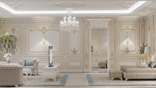 This picture shows a luxurious bathroom with a marble floor, white walls, and a stunning arched doorway. The room is elegantly decorated with a stylish vanity and two mirrored cabinets, as well as several recessed shelves. Above the vanity is an ornate chandelier and a mosaic tile border around the mirrors. The overall design is modern and chic.