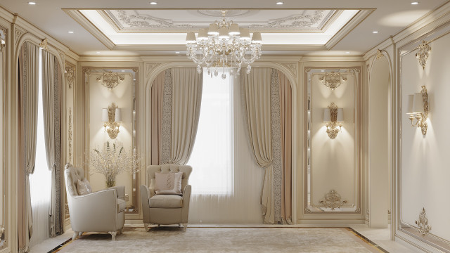 This picture shows a luxury bedroom interior design. The room features an ornate ceiling and hanging light fixture, baroque style mirrored nightstands with marble top, and a tufted chaise lounge upholstered in velvet. There is also a large decorative headboard behind the bed and luxurious details throughout the room like crystal sconces, a beveled mirror, and plush curtains.