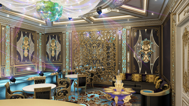 In this picture, a luxurious modern living room set in an opulent space with ornate furnishings and details is depicted.