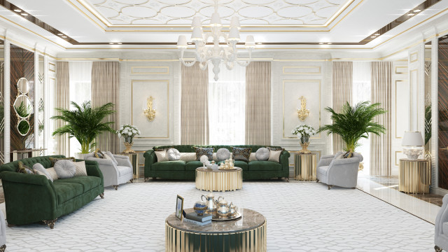 This picture shows a luxurious, modern living room. It features an elegant and opulent grey sofa and armchair in the middle of the room, accented by cushions and a turquoise throw blanket. Opposite the seating area is a grand fireplace with intricately carved stone, adding a touch of warmth to the space. A luxurious chandelier hangs above the seating area, providing a gentle glow to the room. The walls are covered with a unique patterned wallpaper, and a rug adds texture to the floor. The furniture and accessories used in the room reflect a high-end