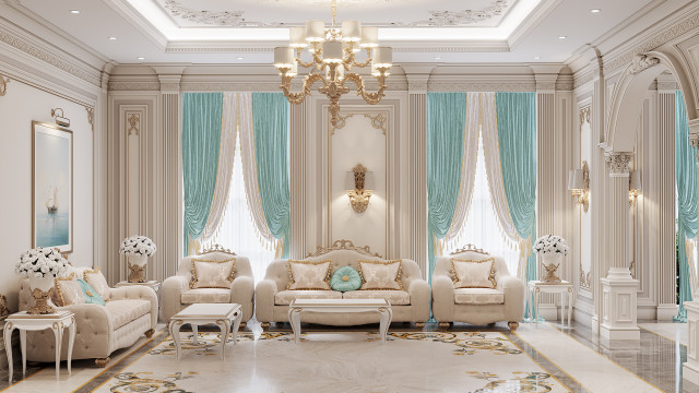 This picture is of a luxurious interior design consisting of a white and grey marble-tiled floor, a modern white sofa comprised of comfortable looking cushions, small white side tables, and a large crystal chandelier hanging from the ceiling. An exquisite abstract painting decorates the wall behind the sofa while a small, potted shrub adds a hint of greenery to the space.