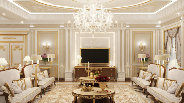 The picture shows an opulent, modern living room. It includes a luxurious blue velvet sofa and comfortable armchairs around a glass coffee table. The walls are lined with cream wallpaper and decorated with decorative moldings and large art pieces. The floor is made up of glossy marble tiles and the ceiling is adorned with a stunning crystal chandelier. Overall, it displays a sophisticated contemporary look that would be perfect for entertaining guests.