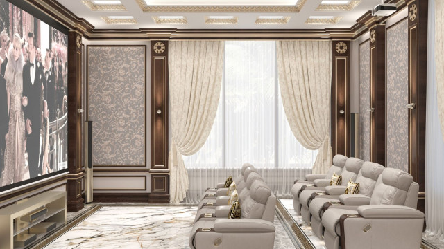 An interior with luxurious style and modern design, featuring cream walls, brown furniture, a carpeted floor and patterned curtains.