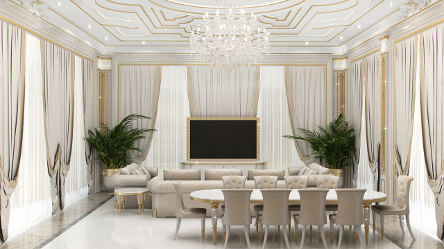 This is a digital rendering of an ornate, traditional-style living room. The room features many classic elements, such as a heavy velvet sofa, several patterned throw pillows, and a large, luxurious chandelier hanging from the ceiling. The walls are lined with intricate wood carvings and a regal oil painting hangs above the fireplace. Gold accents throughout the room contribute to a sense of grandeur and opulence.