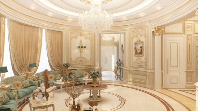 This picture shows an elegant staircase in a luxurious entryway. The staircase features two curved balustrades that are connected by a wooden handrail. The stair treads are made of marble that is inlaid with intricate gold and cream designs. On the wall above the stairs, there is an ornate golden mirror that reflects the beauty of the space. There is also an exquisite chandelier hanging from the ceiling, adding to the luxurious atmosphere.