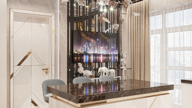 Luxurious modern bedroom with velvet headboard, transparent glass chandelier, and decorative columns.