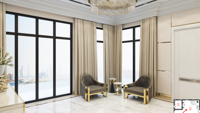 Grand entrance with luxurious marble and gold deco blending classic and modern elegance, creating an opulent and inviting atmosphere.