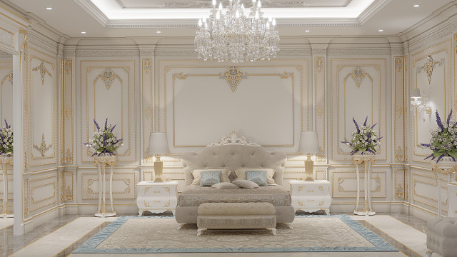 This picture shows the interior of an elegant living room with high ceilings and large windows. The room has a neutral color palette of white walls and beige furnishings. There is an ornate chandelier hanging from the ceiling, and an archway that leads to a separate dining area. The furniture is upholstered in shades of light blue and beige, while creamy marble flooring adds a touch of luxury.