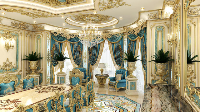 An ornate ceiling composed of a series of intricate designs, featuring molding and gold accents.