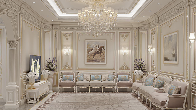 This picture shows a luxurious living room with a large curved sofa in the center. The background walls are decorated with classic patterns and colors of white, gold and brown. On the walls behind the sofa are several sculptures and pieces of art that add to the classic feel of the room. Additionally, there is a grand crystal chandelier overhead that adds to the overall ambience of the room.